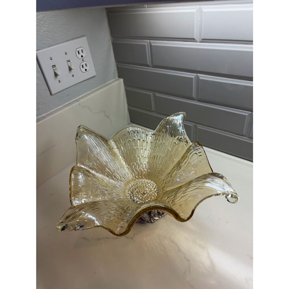 Murano Amber-Glass Flower Centerpiece Bowl w/Silver Base